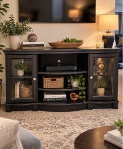 Black Wood TV Stand with Glass Cabinet Doors