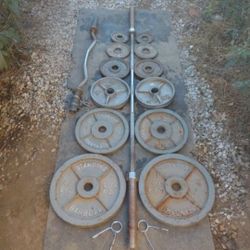 245lbs Olympic Weights+ 7ft 45lb Bar + Olympic Curl Bar