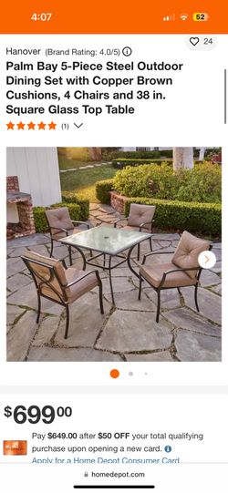 Palm Bay 5-Piece Steel Outdoor Dining Set with Copper Brown Cushions, 4 Chairs and 38 in. Square Glass Top Table