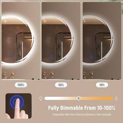 Bathroom smart mirror with three-color LED lights, 24”x24 round bathroom mirror,
