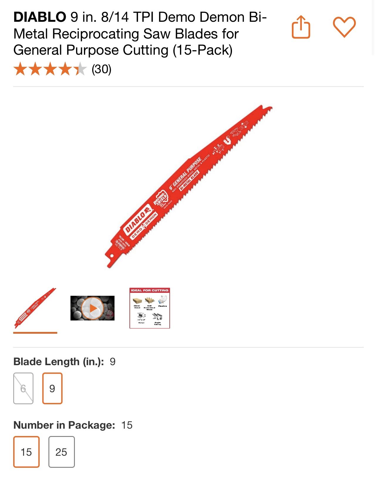 DIABLO 9 in. 8/14 TPI Demo Demon Bi-Metal Reciprocating Saw Blades for General Purpose Cutting (15-Pack)