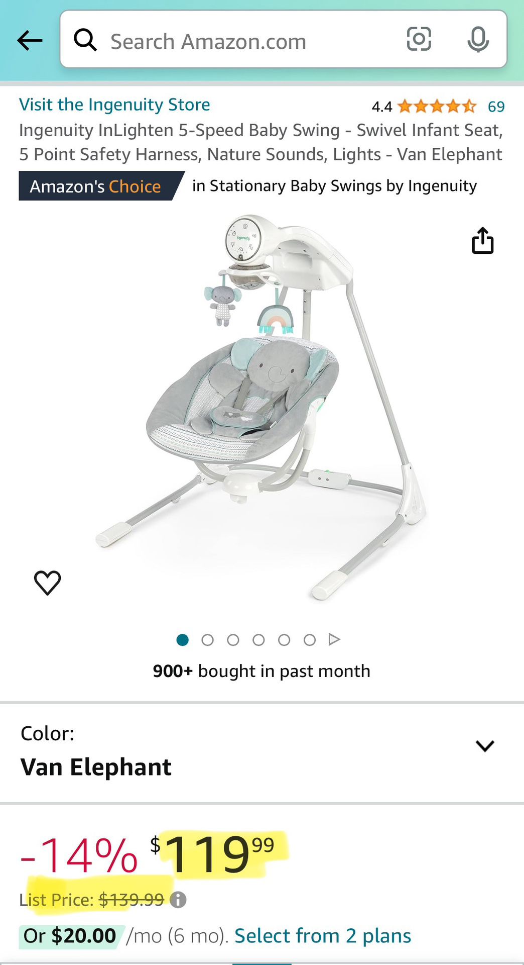 BRAND NEW!!! Ingenuity InLighten 5-Speed Baby Swing - Swivel Infant Seat, 5 Point Safety Harness, Nature Sounds, Lights - Van Elephant