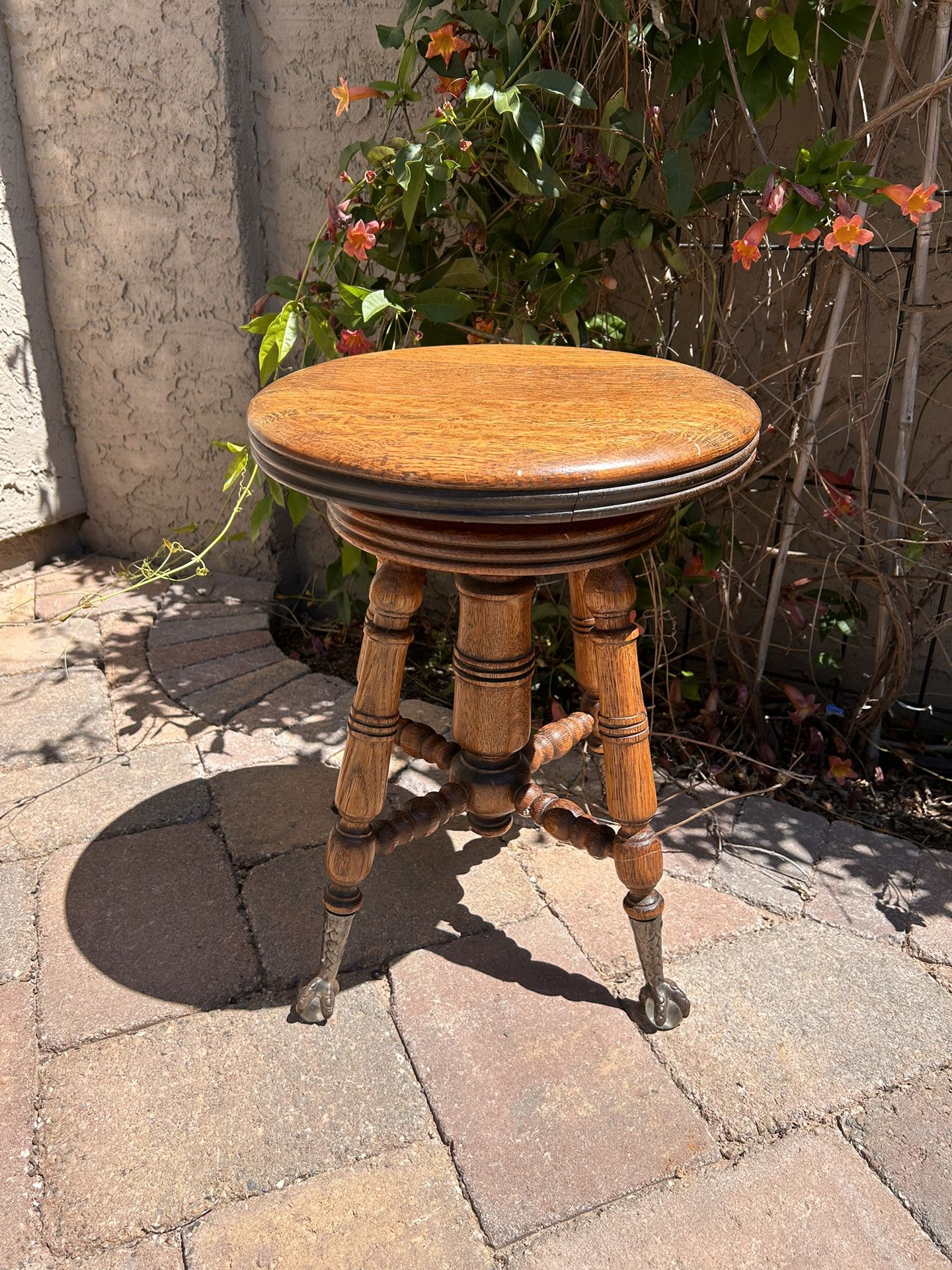 Antique Oak Piano Stool With Glass Claw-feet