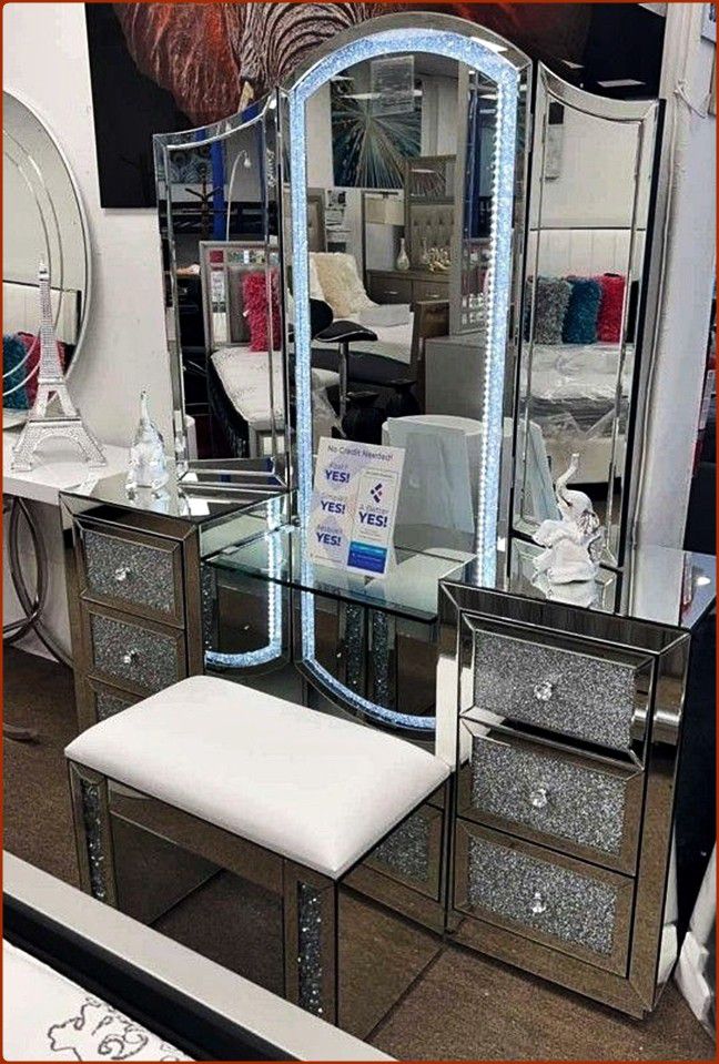 Mirrored Vanity  Table With Mirror Glam Hollywood LED Lights (No Stool)