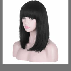 AMZCOS 15 Inch Short Straight Black Bob Wig With Bangs | Natural Heat Resistant Synthetic Hair For Women