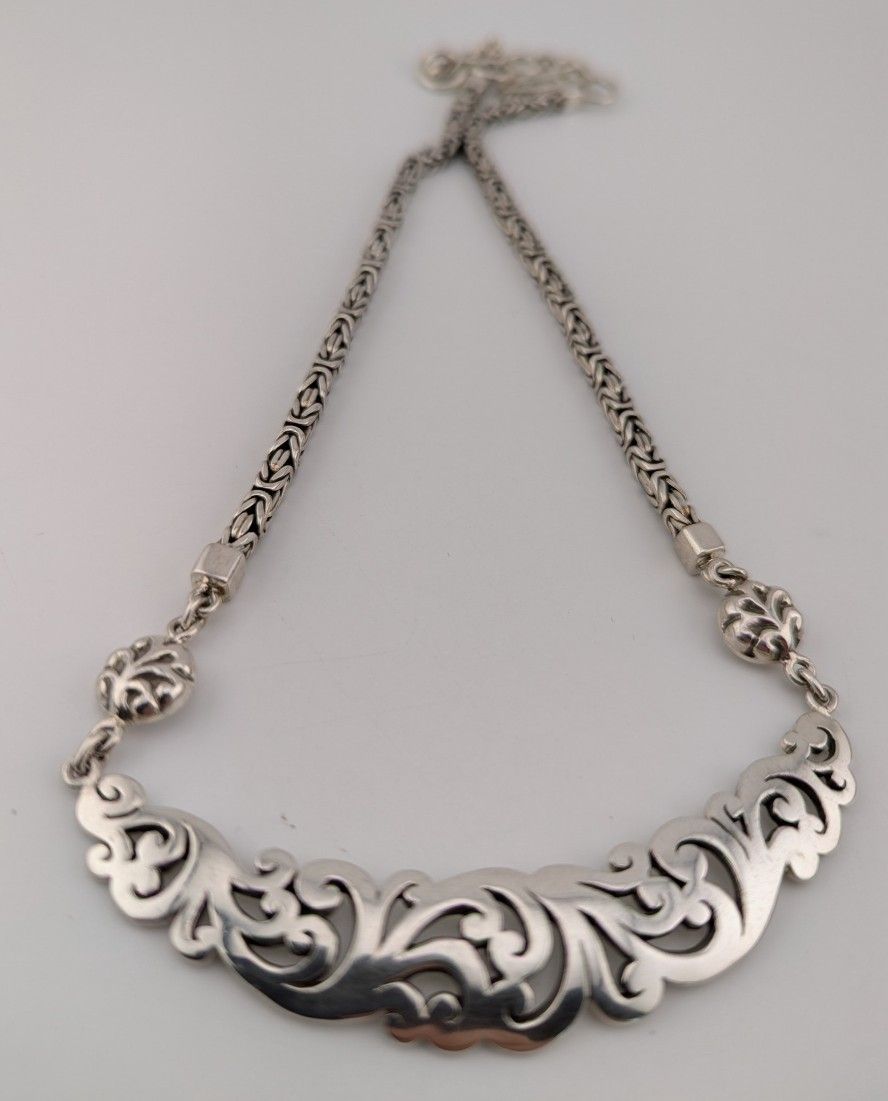 Vintage Lois Hill 925 Silver Fancy Scrolls Byzantine Link Necklace Unique Design