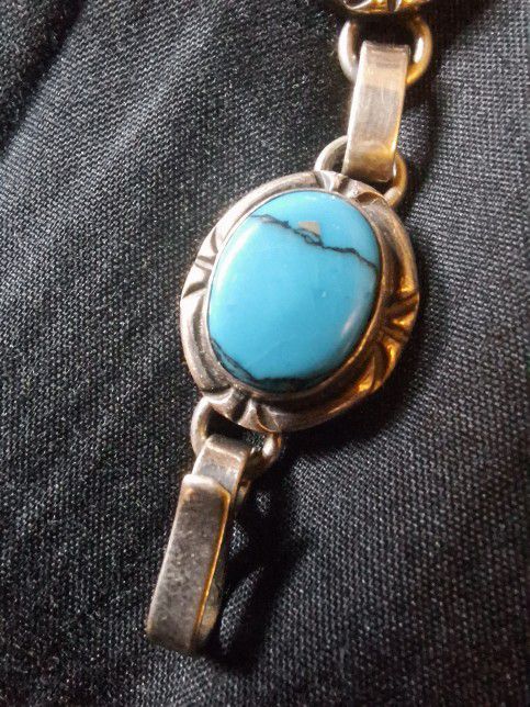 Vintage Sterling Silver Mexico Crown Mark Turquoise Bracelet

