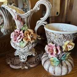 Capodimonte Floral Pitcher And Vase