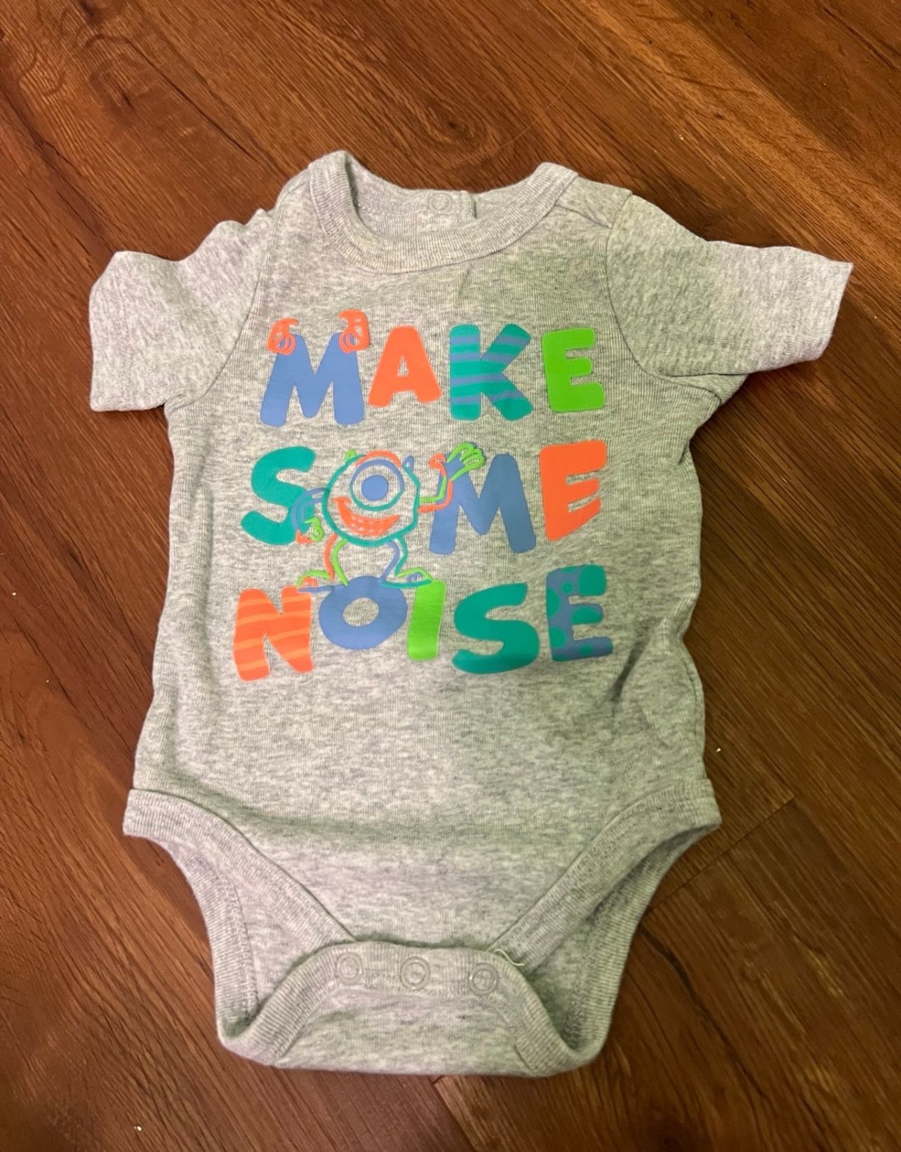 Disney Store Baby Grey Short Sleeve Monsters Inc Make Some Noise Bodysuit