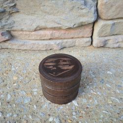 Vintage Small Oriental-Scene Handcarved Wood Round Trinket Box 
