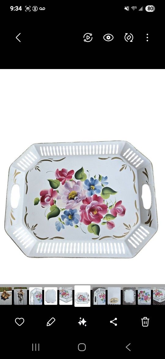 Vintage handpainted floral Rubel Tolewear metal Tray