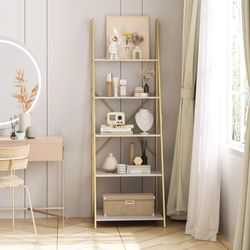 5 Tier Ladder Shelf, Free Standing Gold and white shelf J