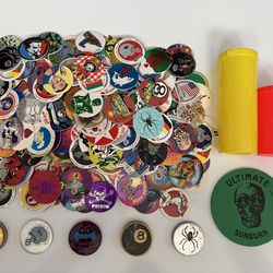 Vintage Pogs Milk Caps 300 Pogs 2 storage tubes and 5 slammers