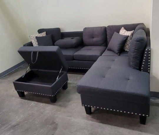 ✅️✅️3 pc charcoal linen like fabric sectional sofa drop down cup holder chaise and ottoman nail head trim ✅️