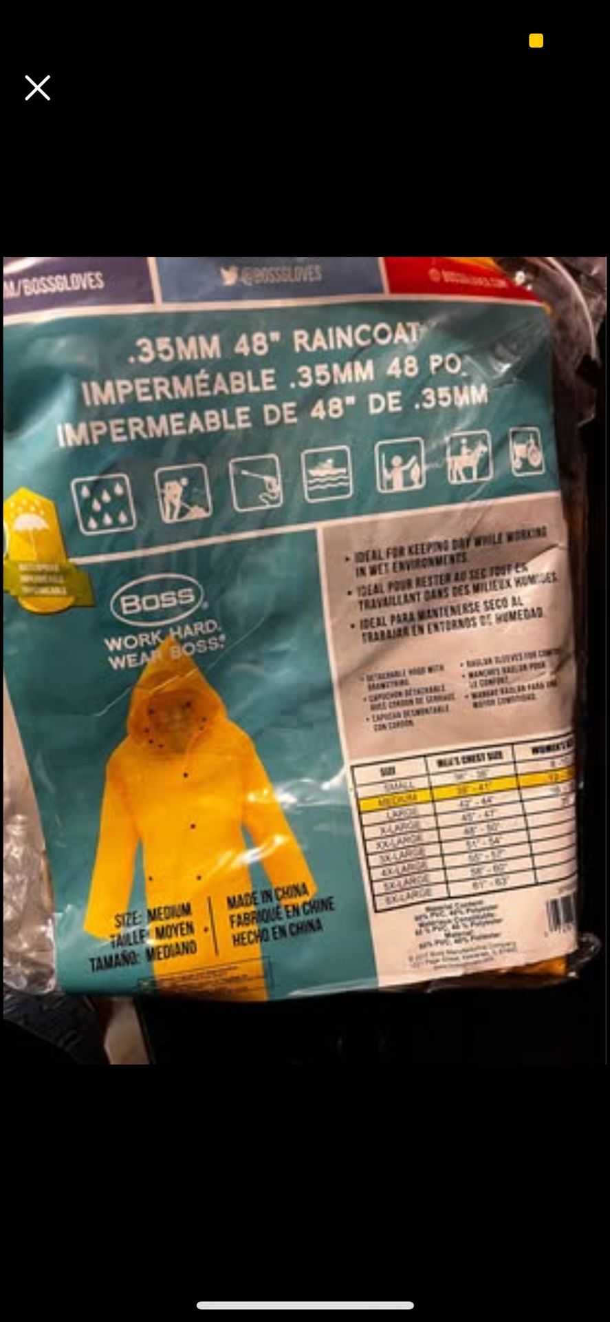 Boss 48” Yellow Raincoat – Brand New in Package (Medium)