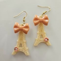 Handmade Eiffel Tower Earrings in Pale Yellow with Orange Cream Bows and Flowers