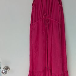 Woman's Large Hot Pink Cotton Long Dress With Pockets