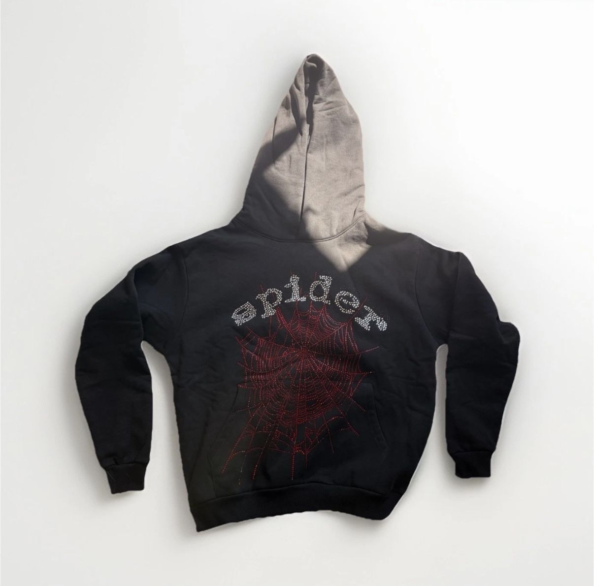 sp5der Men's S Black Pullover Hoodie Gray Hood Graphic Print Cotton