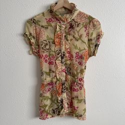 DE.CODED Vintage Y2K Yellow Floral Sheer Fairy Ruffle Puff Sleeve Button Up Top