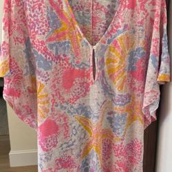 Lilly Pulitzer Beach Coverup Balleta Paradise Pink Bohemian Large Linen Seashell