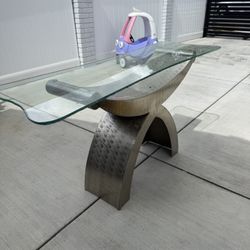 Modern Sculptural Glass Coffee Table – 54” x 18” – Heavy Glass & Metal Base