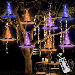 Halloween Witch Hat String Lights, 8Pcs, 8 Lighting Modes LED Lights, Hocus Pocus Decorations, Outside Holloween Assecories for Yard, Indoor, Outdoor,