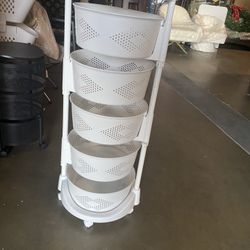 5 Tier Round Rotating Multi-Layer Kitchen Storage Shelf, Fruit Vegetable Storage Basket with Lockable Casters for Living Room Kitchen Home (White)