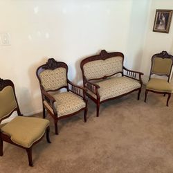 Victorian Rococo Revival Furniture Set Of Love Seat, Master Chair, Two Side Chairs