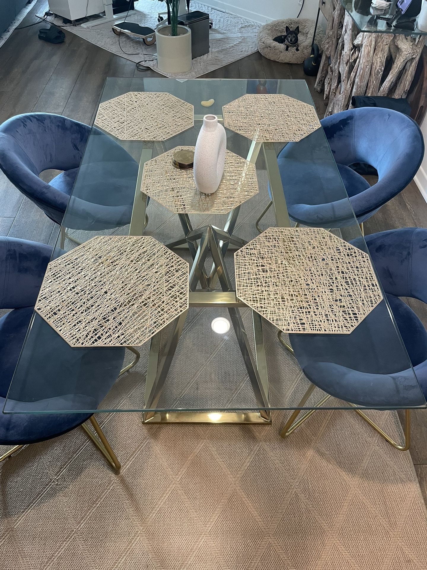 Glass dining table set with 4 velvet chairs, gold hardware