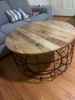 Round Wood Top Coffee Table with Metal Cage Base