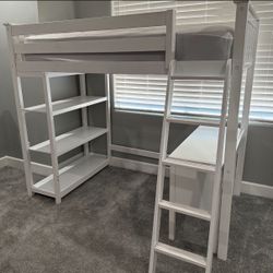 White Loft Bed , Attachable Or Detachable, Bookshelf & Desk