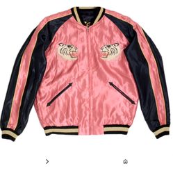 Tailor Toyo reversible Souvenir Jacket (Sukajan) with embroidered tigers on the front and black sleeves with pink inserts and yellow trim.  