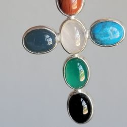 Sterling Silver Cross Pendant With Onyx Turquoise And Jasper