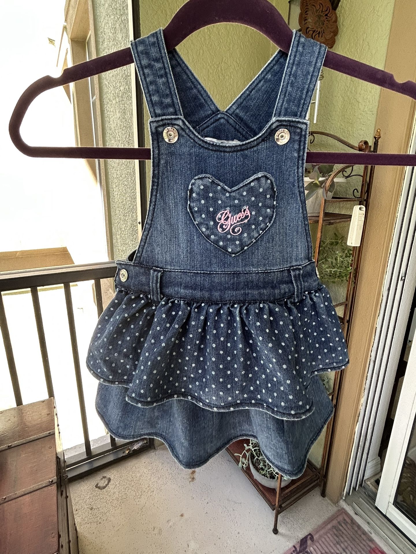 Toddler Girl 2T (24 Months) Guess Denim Jumper Overall Dress with Heart Pocket