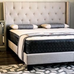 Brand New King Size Beige Linen Bed Frame With New Mattress/Fast Delivery 