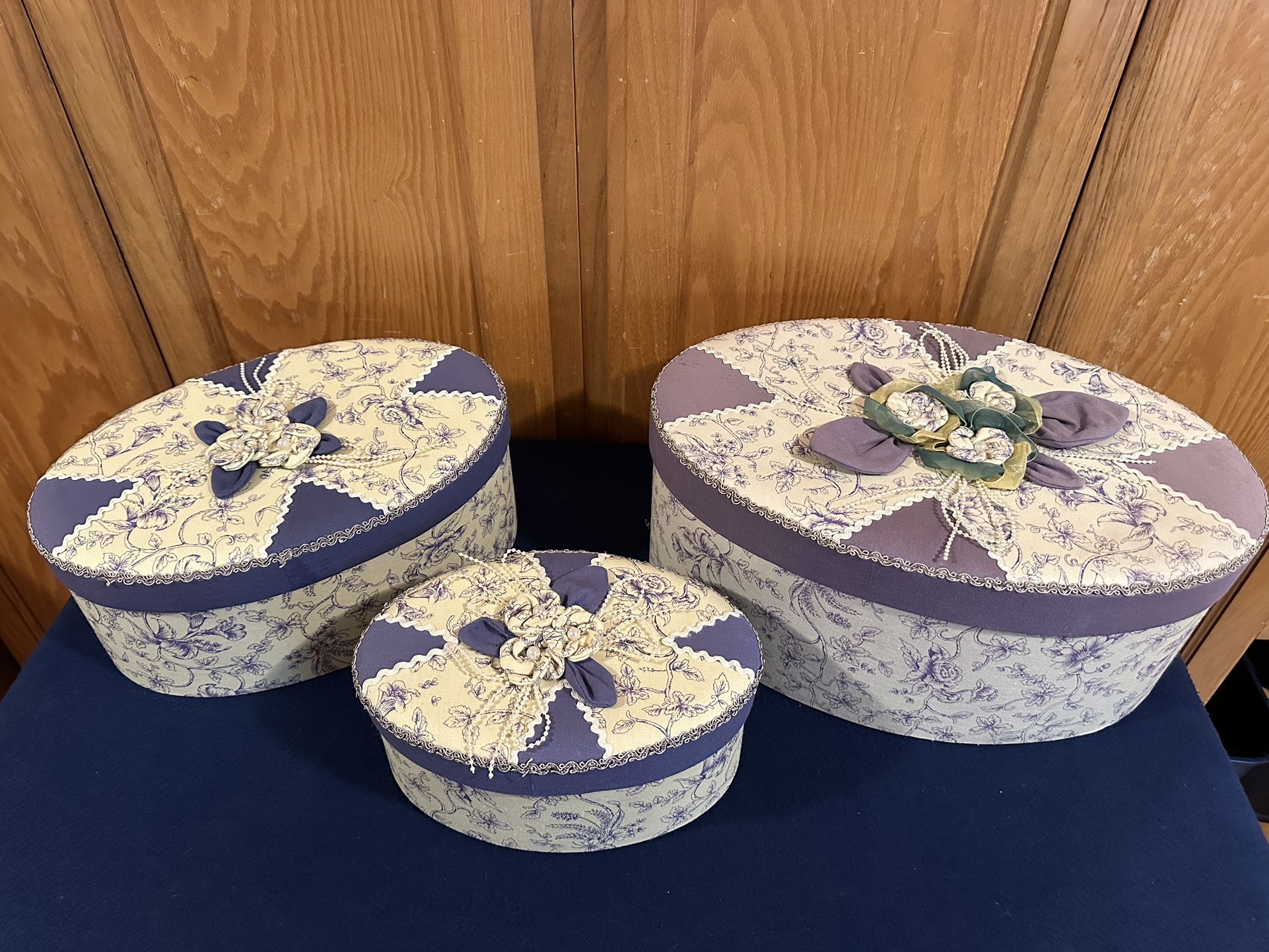 3 Beautiful Vintage Oblong Decorative Lavender Boxes that Fit Inside of Each Other