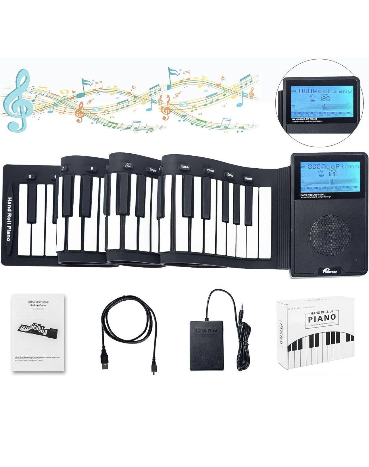 Portable Roll Up 88 Keys Piano Keyboard with LCD Display, Digital Electric Hand Roll Piano Keyboard with 2000mAh Rechargeable Battery (88 Keys)