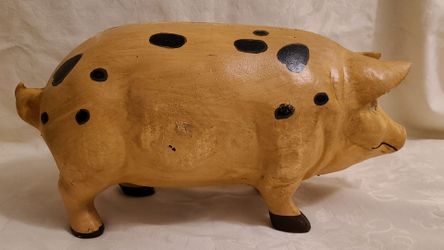 RARE LARGE 18" CAST IRON Spotted Piggy Bank UPPER DECK Original Paint & Sticker