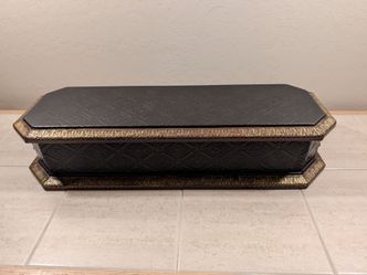 Vintage Ornate Faux Leather Keepsake Box | Black & Gold Geometric Jewelry Casket, 17.5"
