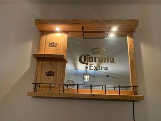 Rustic Wall-Mounted Home Bar with Lights & Glass Rack – Barely Used