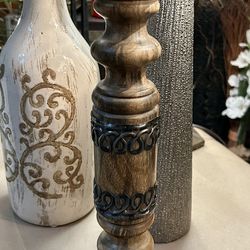 Farmhouse Wood Pillar Candle Holder With Metal