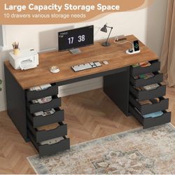 Black Wood Computer Desk with 10 Drawers & Charging Station (Open Box)