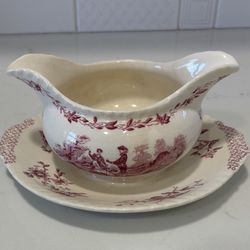 Vintage Masons Ironstone China Watteau pattern gravy boat with attached underplate 