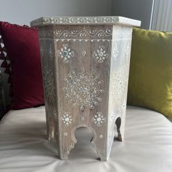 Boho  Moroccan Whitewashed Inlay Accent Table Shabby Chic Beautiful Boho Style Side Table With White Washed, Finish And