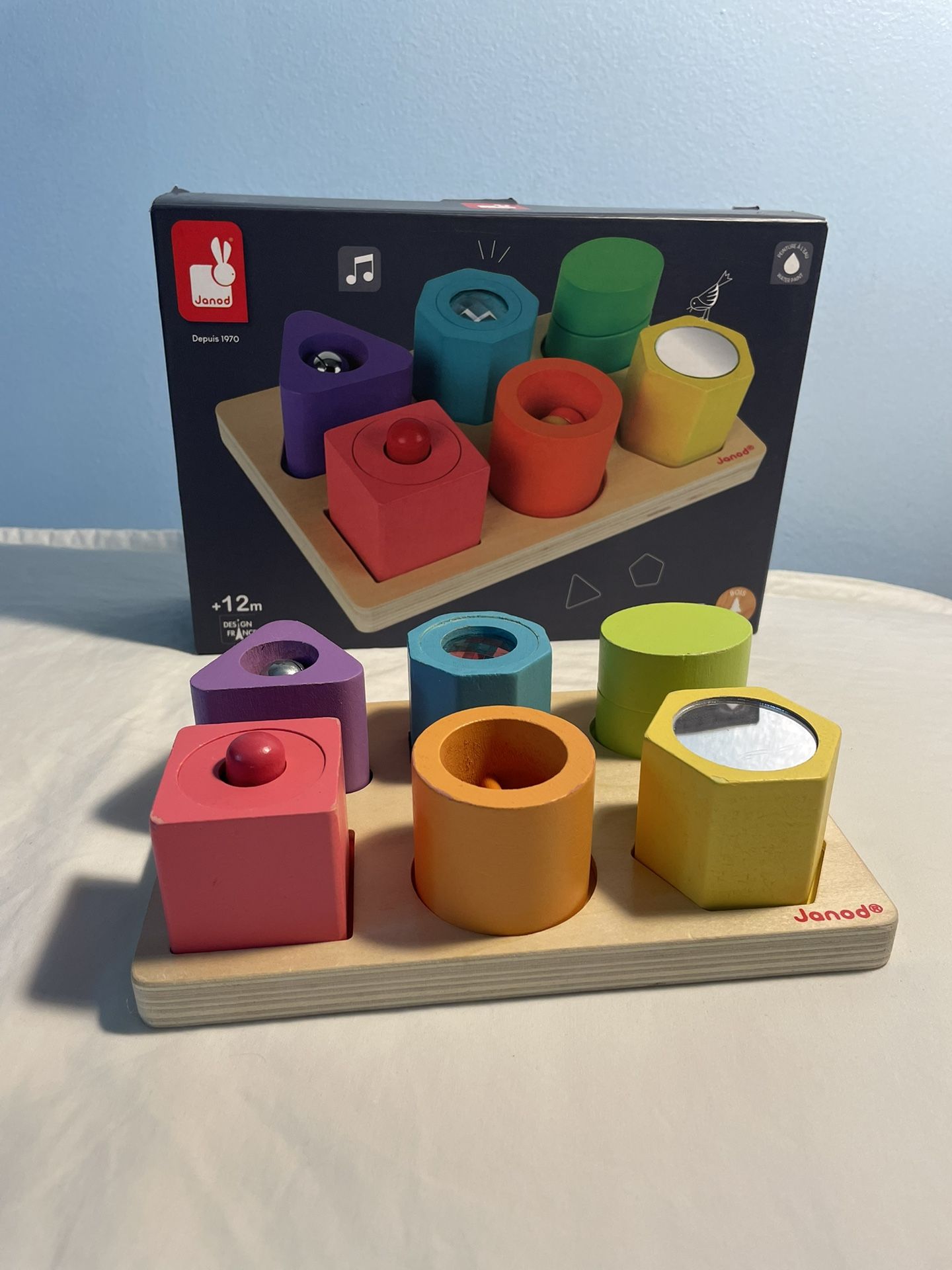 Janod Sensory 6-Block Wooden Puzzle Shape Sorter Kaleidoscope Mirror Rattle Etc