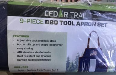 New~CEDAR TRAIL~9-Piece BBQ Tool Apron Set~ Includes adjustable back/neck strap~410 stainless steel heat resistant and BPA free