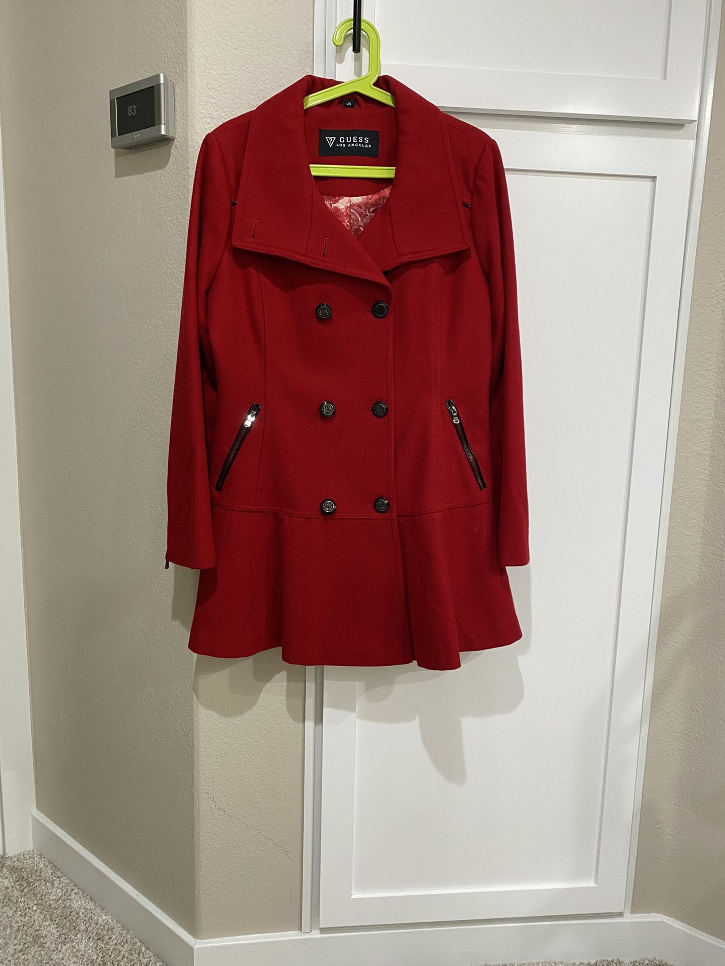 Cute Red Guess Wool Blend Coat, Double Breasted , Size L