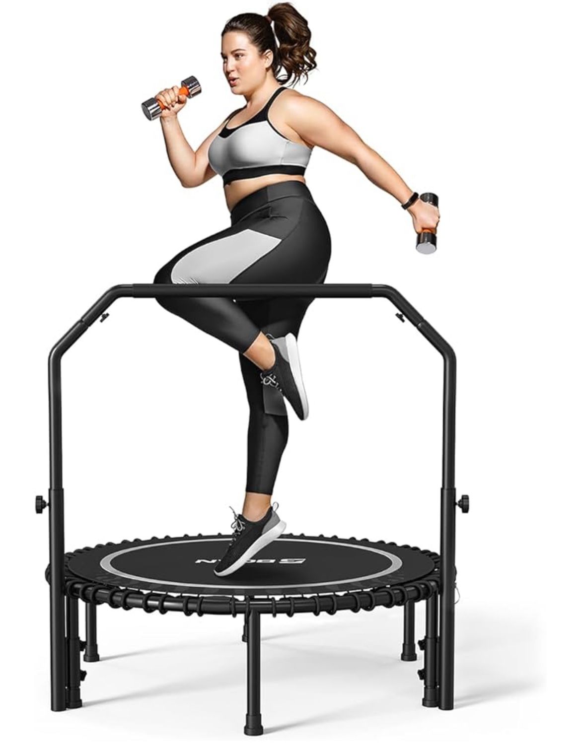 BCAN 450/550 LBS Foldable Mini Trampoline, 40"/48" Fitness Trampoline with Bungees, U Shape Adjustable Foam Handle, Stable & Quiet Exercise Rebounder