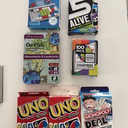 Uno card games, monopoly card game, 5 alive card game. Go fish monuments and landmarks card game, 100 pics countries card game, Great compact card gam
