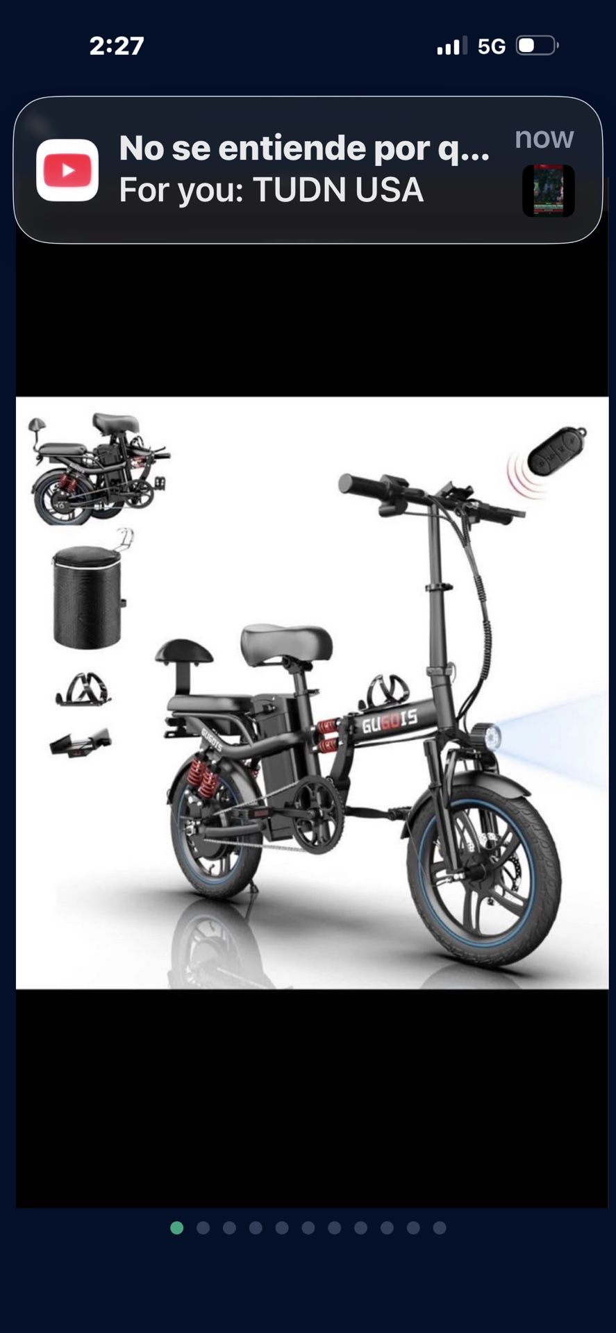 GUGOIS Electric Bike 1000W 48V 15Ah 16" 2 Seater Folding Ebike Motor peak 1000watts Speed 28mph Range 30 miles Tires 16in Alarm Capacity 300lbs